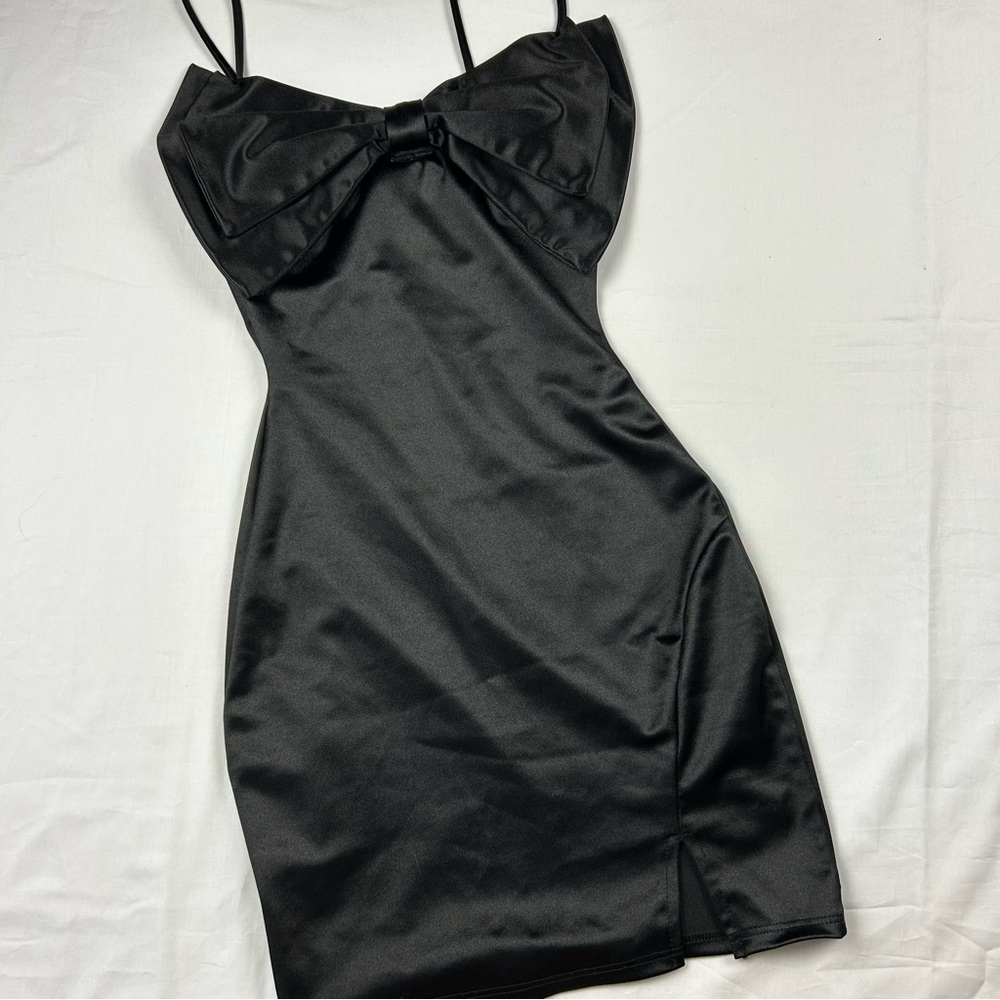 Black Satin Mini Dress with Bow Detail